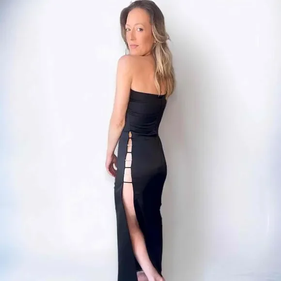 Atria Vintage Cutout Crystals Evening Gown Black Maxi Dress Size Small Excellent - Picture 4 of 8